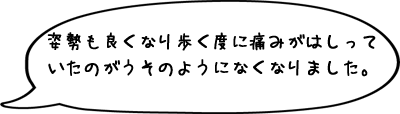 姿勢も良くなり歩く度に痛みがはしっていたのがうそのようになくなりました。